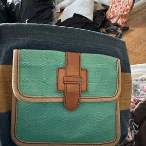 Fossil Canvas Crossbody Bag with Blue and Tan Stripes